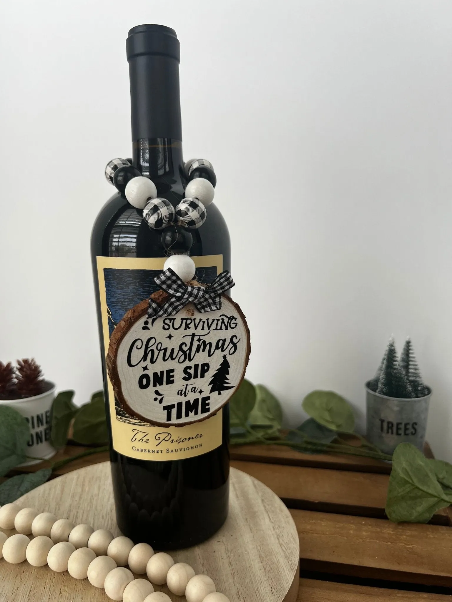 Wine Bottle Hang Tag with Wood Bead - Surviving Christmas One Sip at a Time