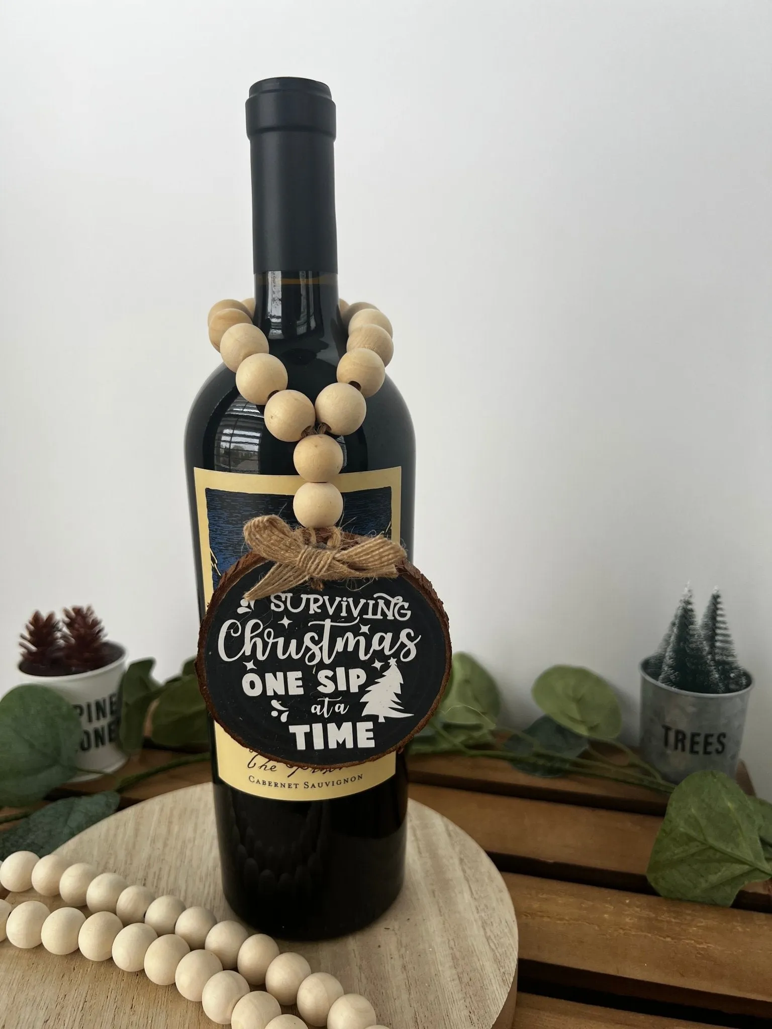 Wine Bottle Hang Tag with Wood Bead - Surviving Christmas One Sip at a Time