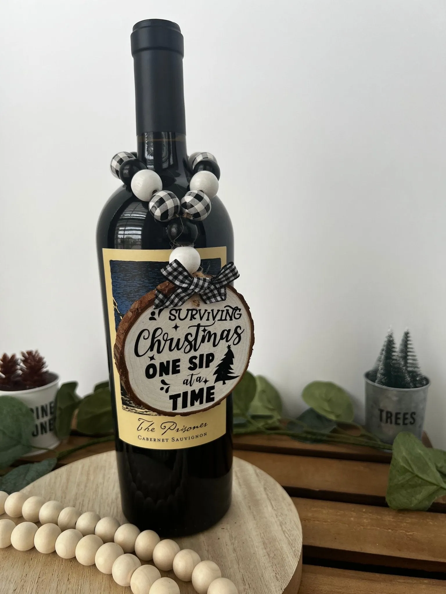 Wine Bottle Hang Tag with Wood Bead - Surviving Christmas One Sip at a Time