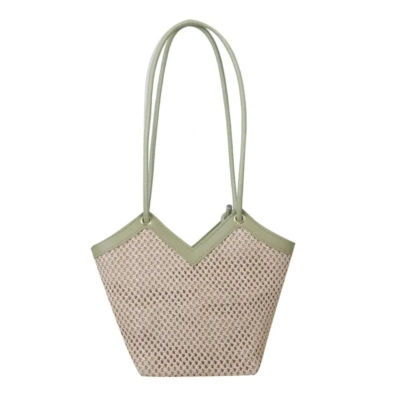 Women Straw Contrast Shoulder And Tote Bag