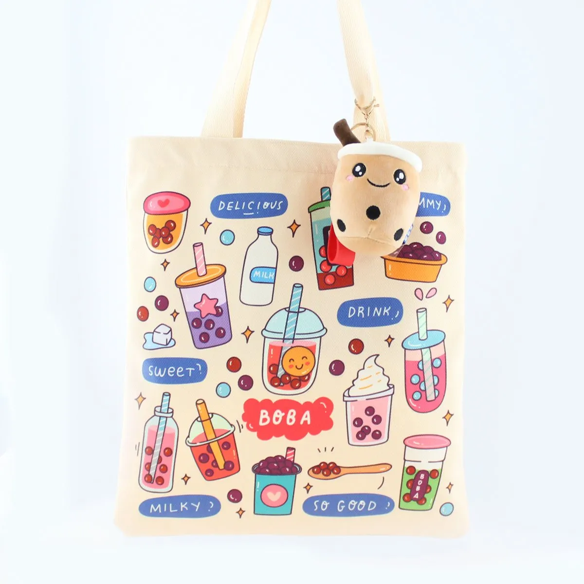 Women Tote Bag, Boba Lovers Two Side Printed Flannel Bag, Bubble Tea Tote Bag