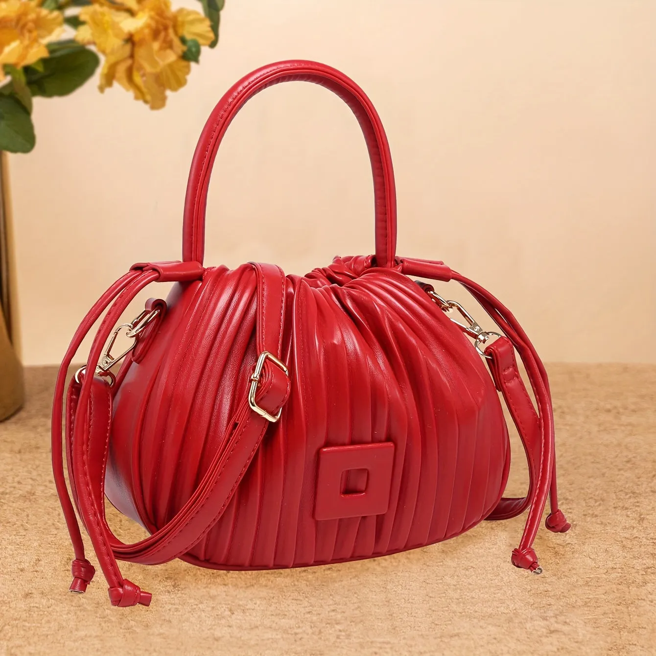 Women's Pleated Handbag - Detachable Shoulder Strap, Drawstring Bucket Design, Perfect for Parties, Travel, Shopping, and Dates