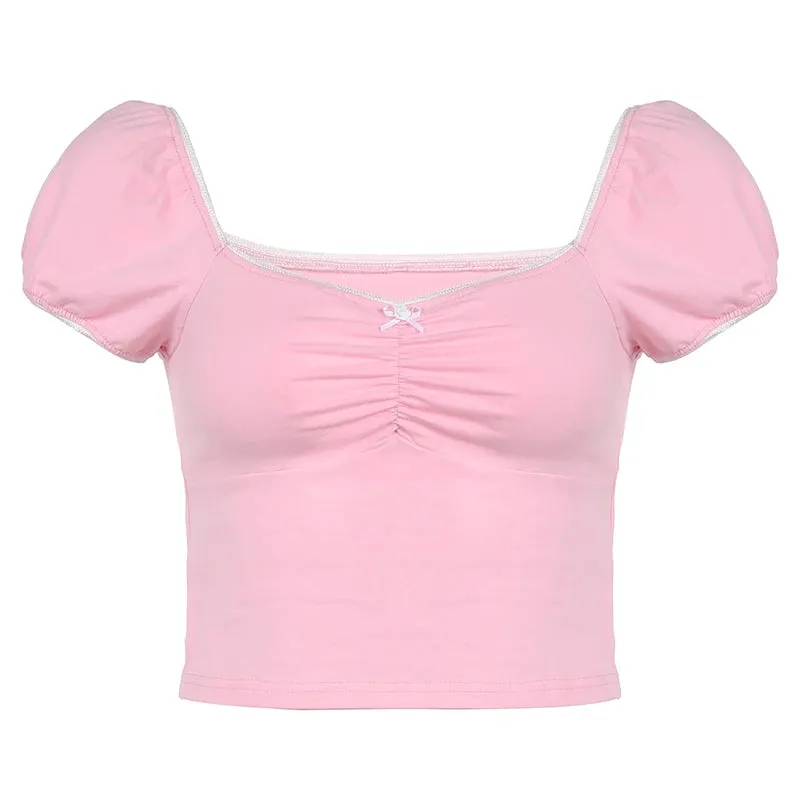 Y2K Sweet Frill Bow Lolita Summer T shirt Female Ruched Slim Crop Tops Korean Coquette Cute Tees Square Neck Clothing